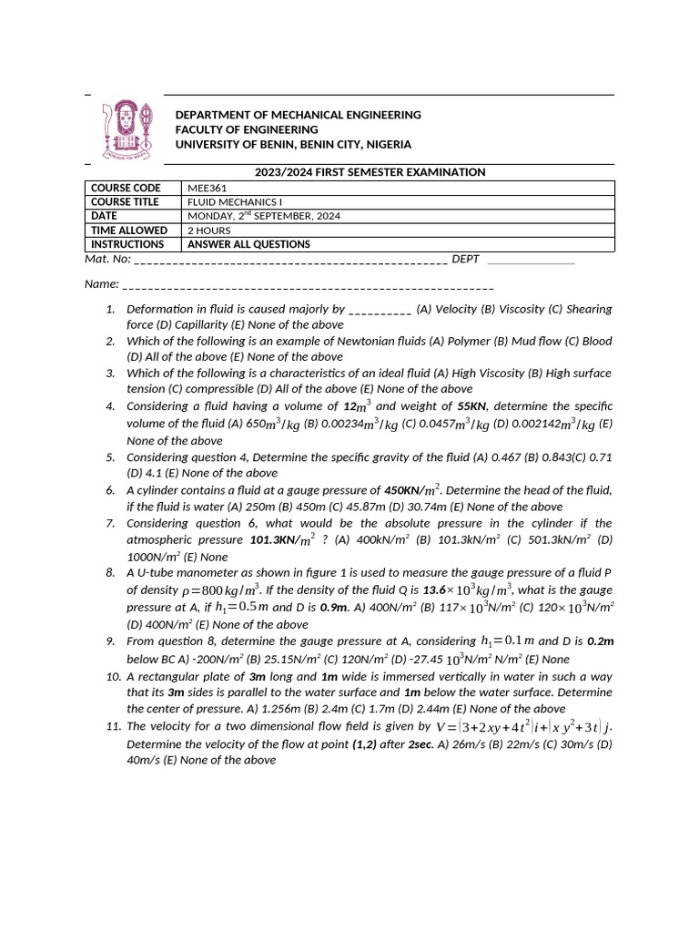Fluid Mechanics I Exam Questions 2024 | PDF | Flow Measurement | Fluid ...