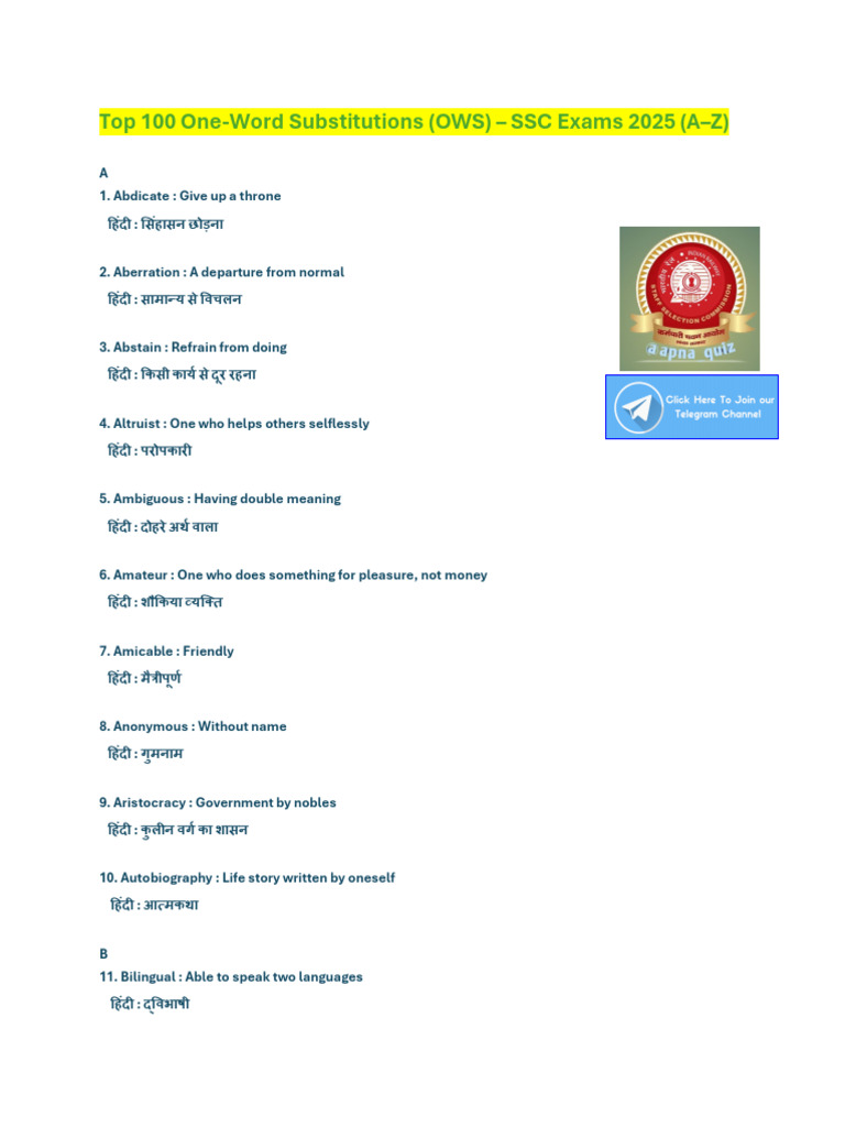 100 OWS Asked by SSC in 2025 Exams | PDF