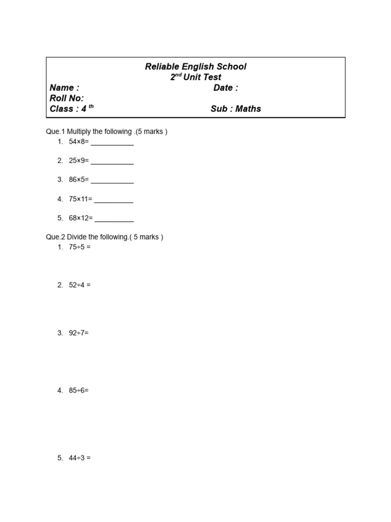 4th Grade Maths Unit Test Questions | PDF