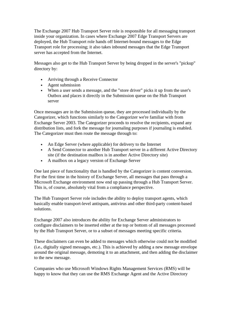 Exchange 2007 Hub Transport Server Overview | PDF | Microsoft Exchange ...