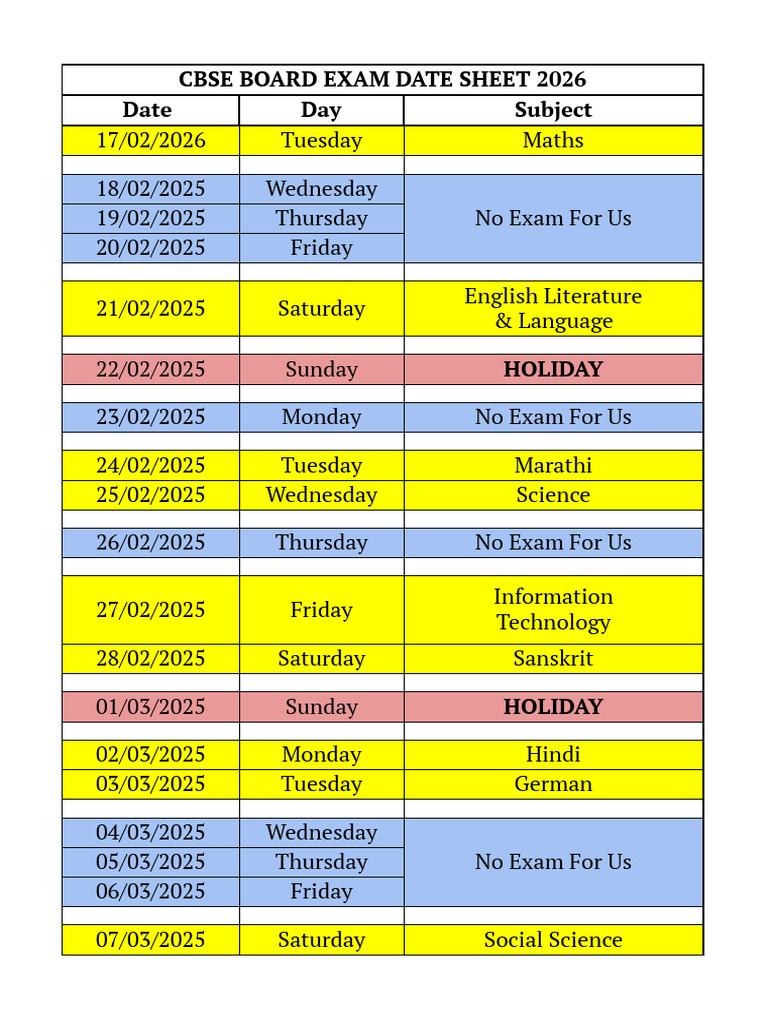 CBSE 2026 Exam Date Sheet | PDF