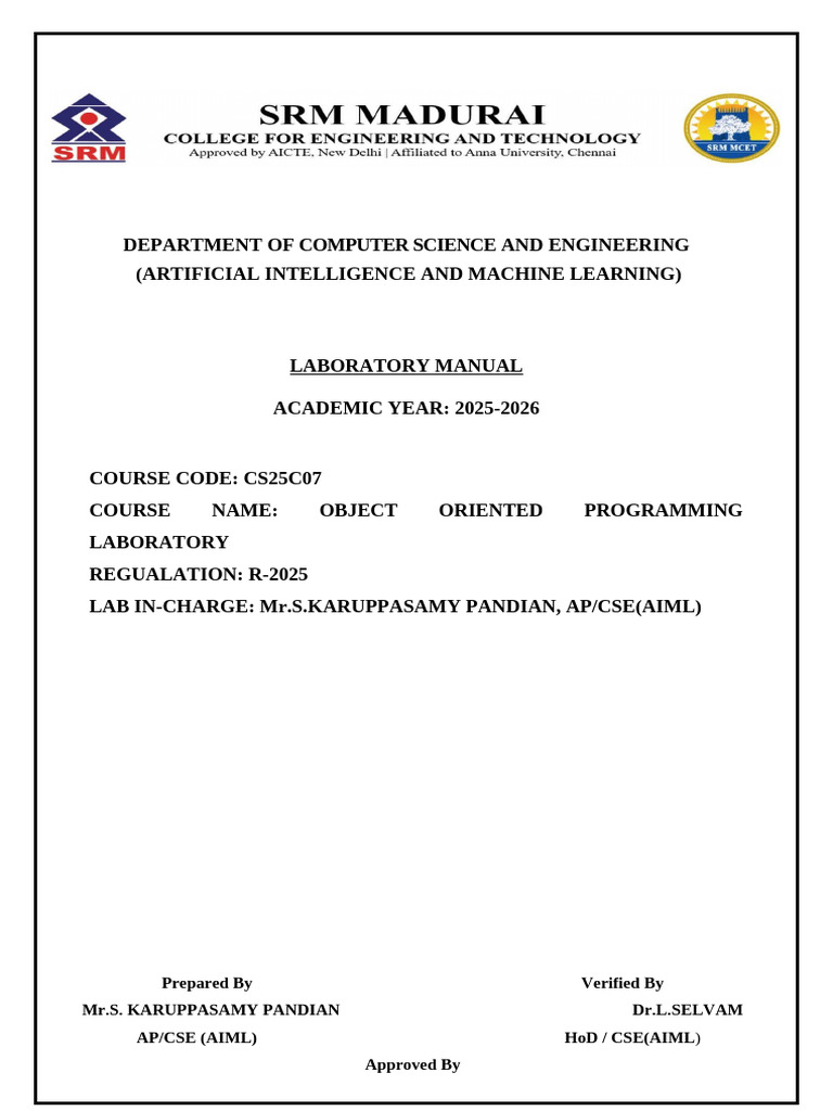 OOP Laboratory Manual for CS25C07 | PDF | C++ | Computer Program