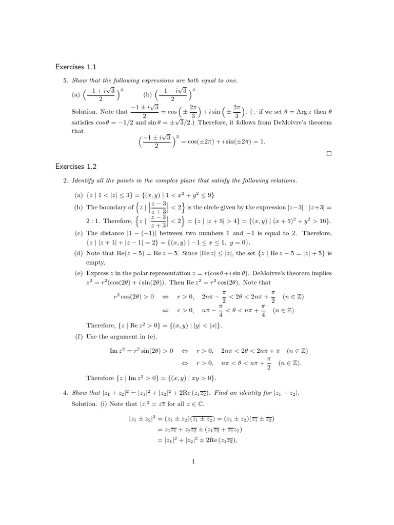 Complex Number Exercises and Solutions | PDF | Compact Space ...