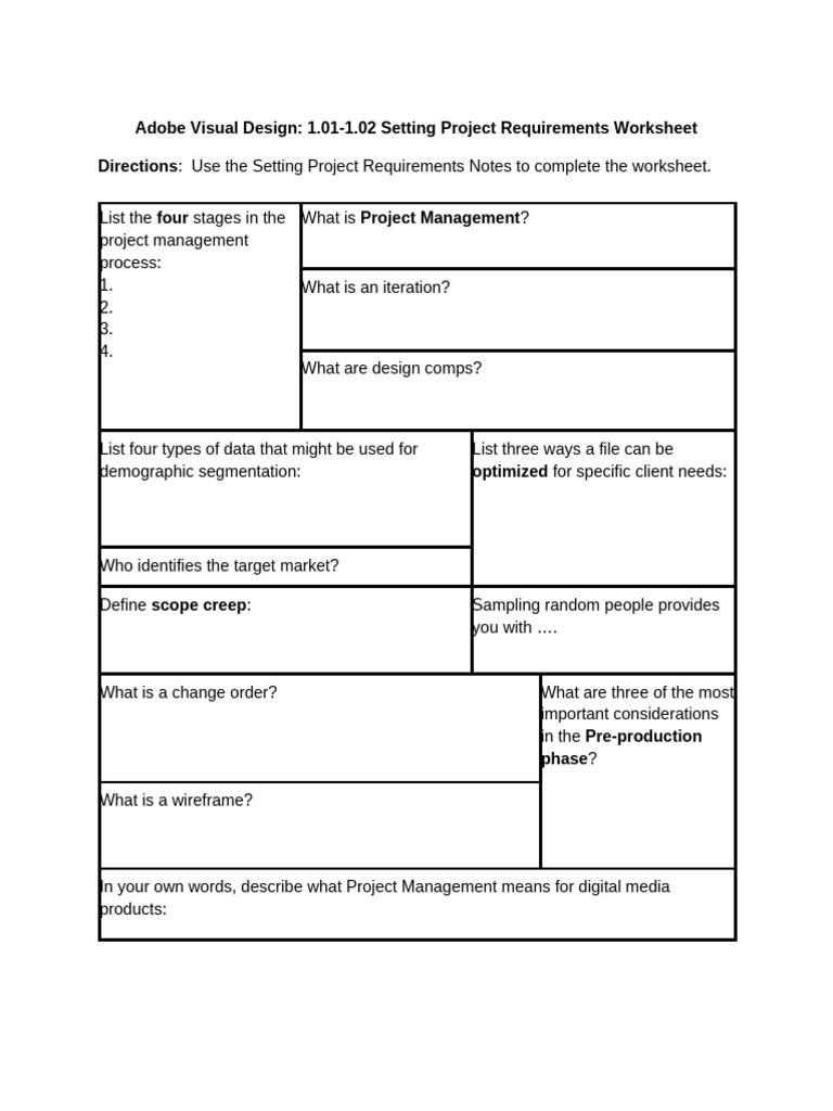 Adobe Visual Design 1.01 - 1.02 Setting Projects Requirements Worksheet ...