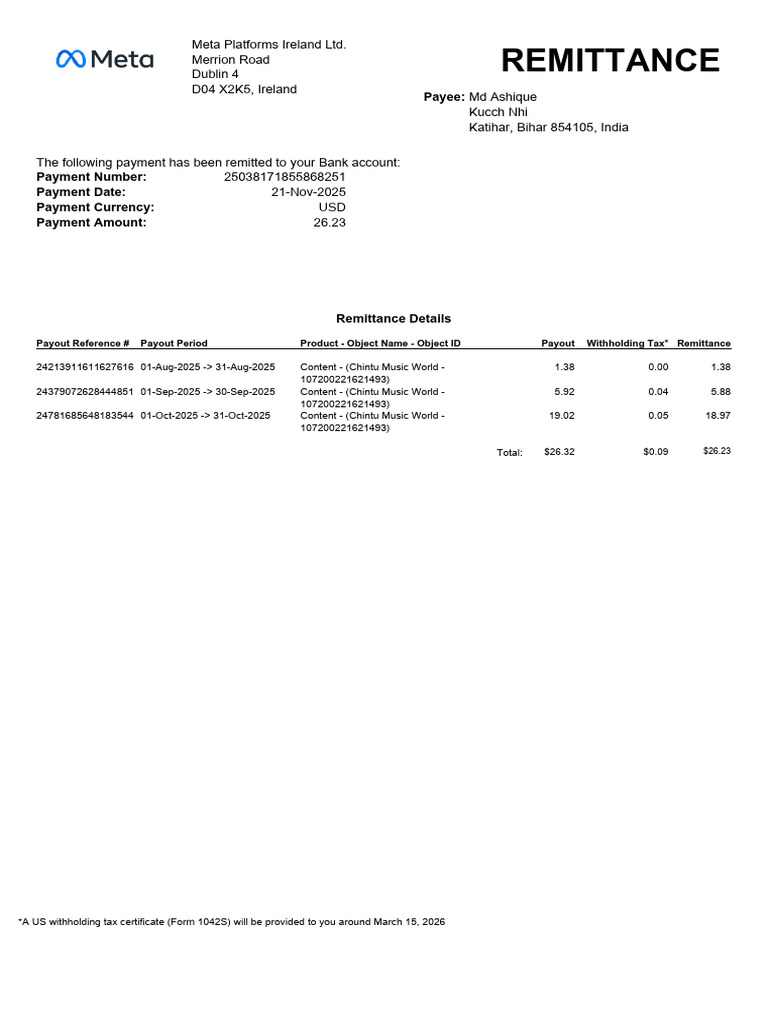 Meta Platforms Remittance Details | PDF | Payments | World Economy