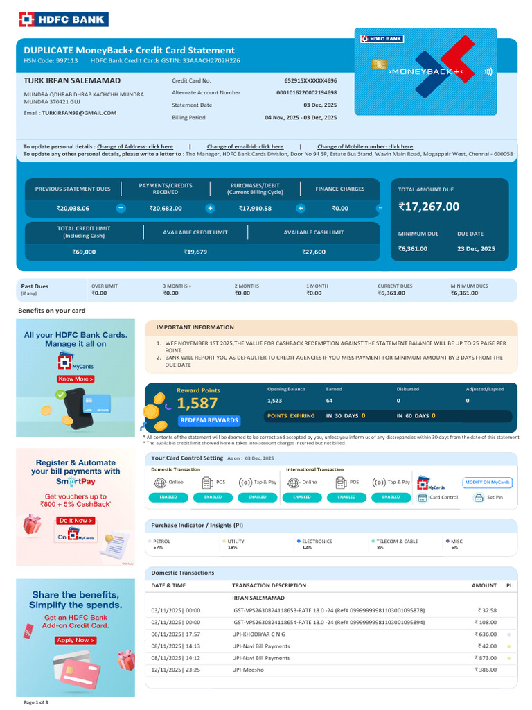HDFC Credit Card Statement Summary | PDF | Credit Card | Payments