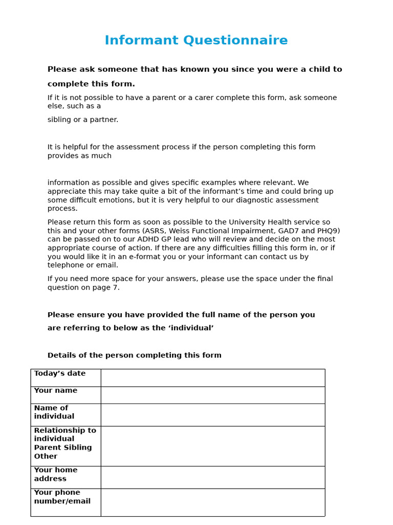 Informant Questionnaire for ADHD Assessment | PDF | Attention Deficit ...