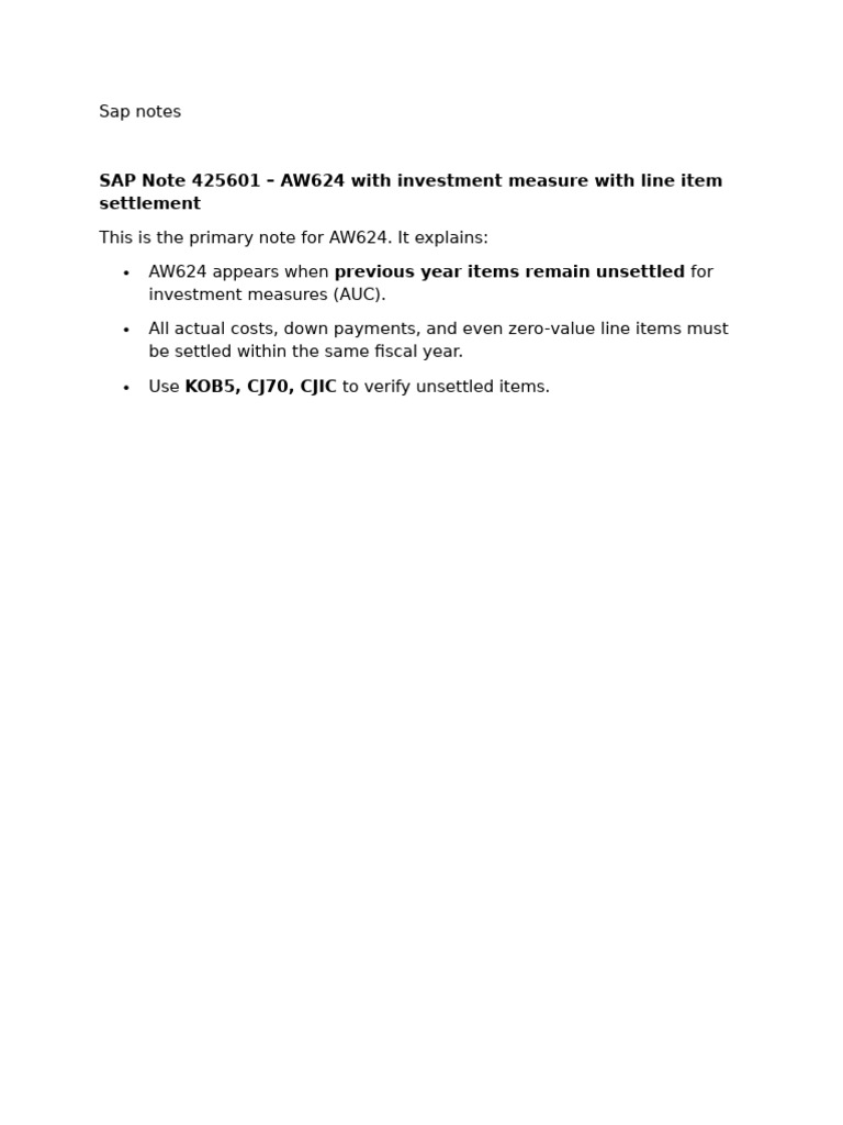 SAP Note 425601: AW624 Settlement Guide | PDF