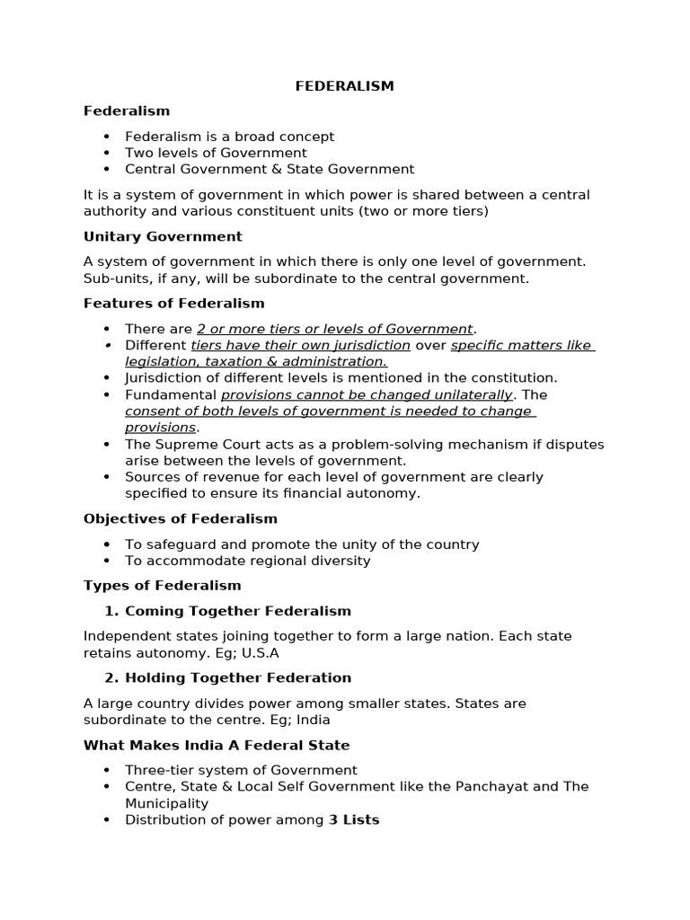Federalism Concept Class 10 | PDF | Governance | Government Of India
