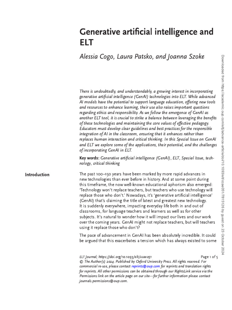 Generative Artificial Intelligence and ELT | PDF