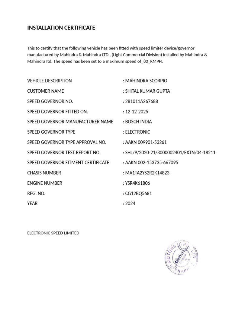 Mahindra Scorpio Speed Limiter Certificate | PDF