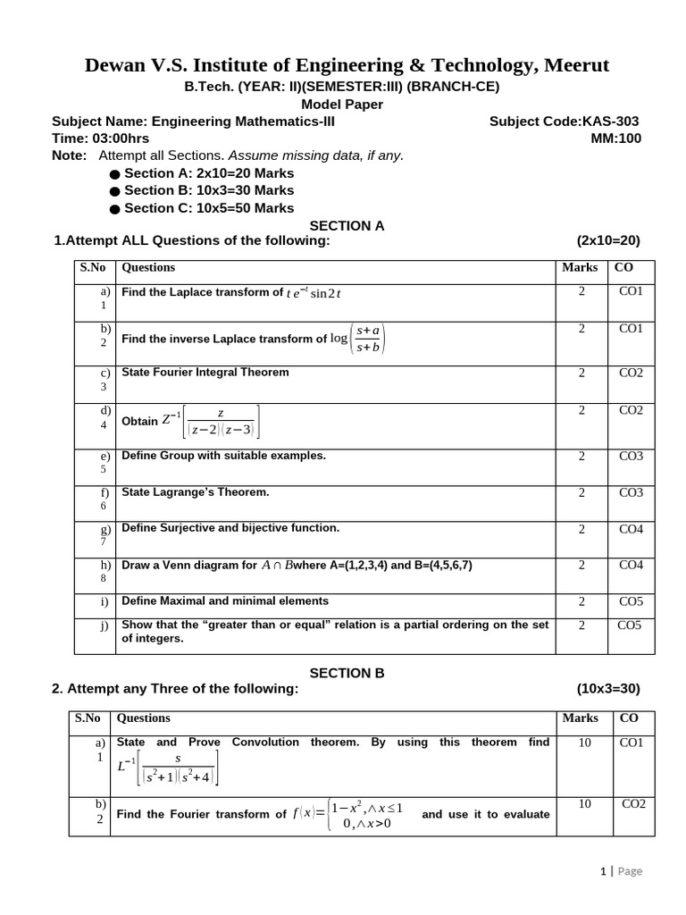 Engineering Mathematics-III Model Paper | PDF | Laplace Transform ...