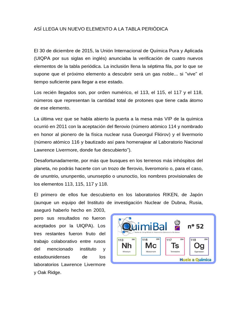 Así Llega Un Nuevo Elemento A La Tabla Periódica | PDF | Tabla ...
