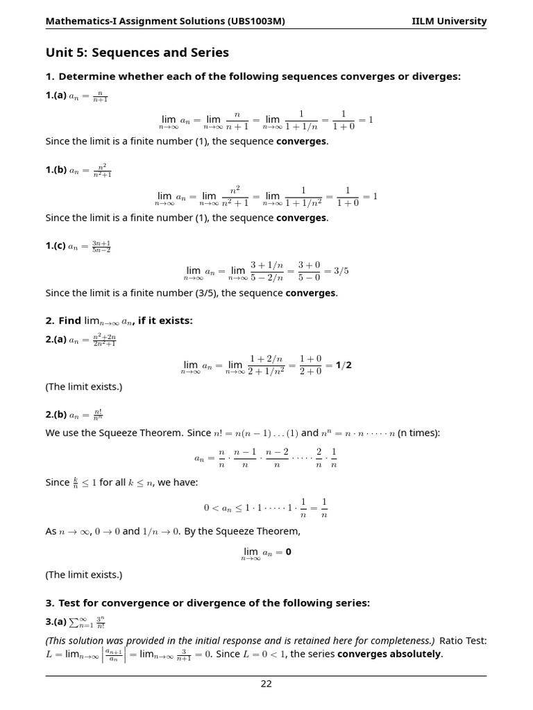 Mathematics-I Assignment Solutions: Sequences & Series | PDF ...