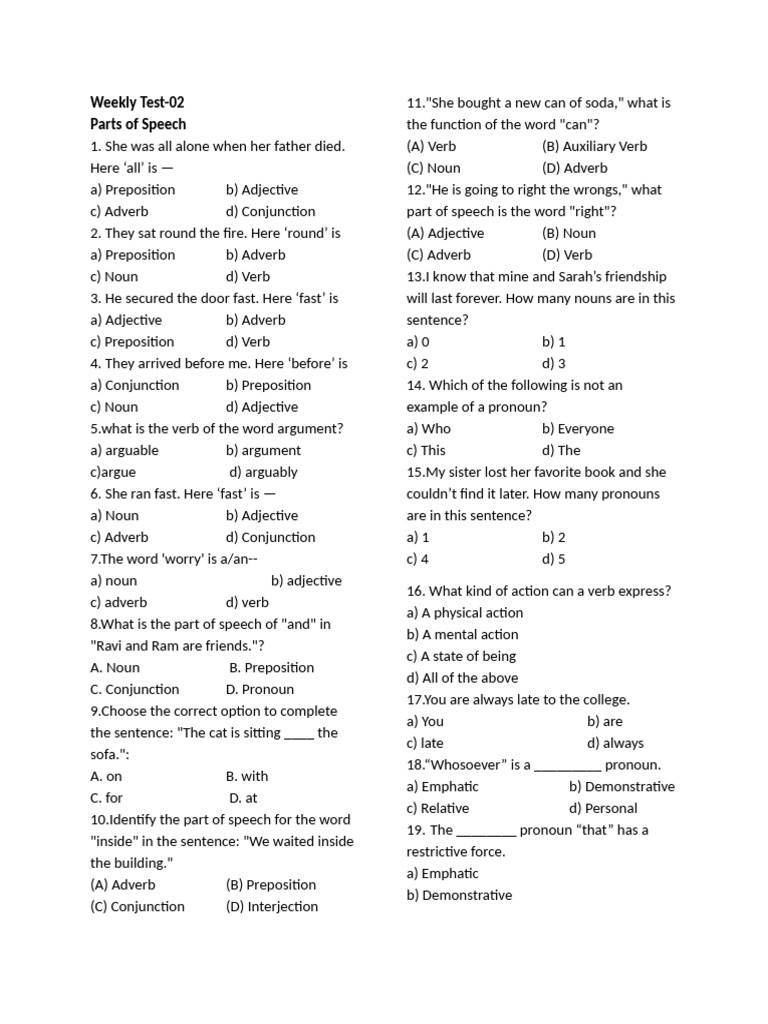 Parts of Speech Quiz Questions | PDF | Part Of Speech | Adverb