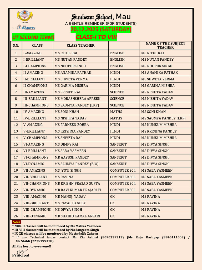 I - VIII Reminder - Ut Second Term (Students) - 20.12.25 (Saturday) | PDF
