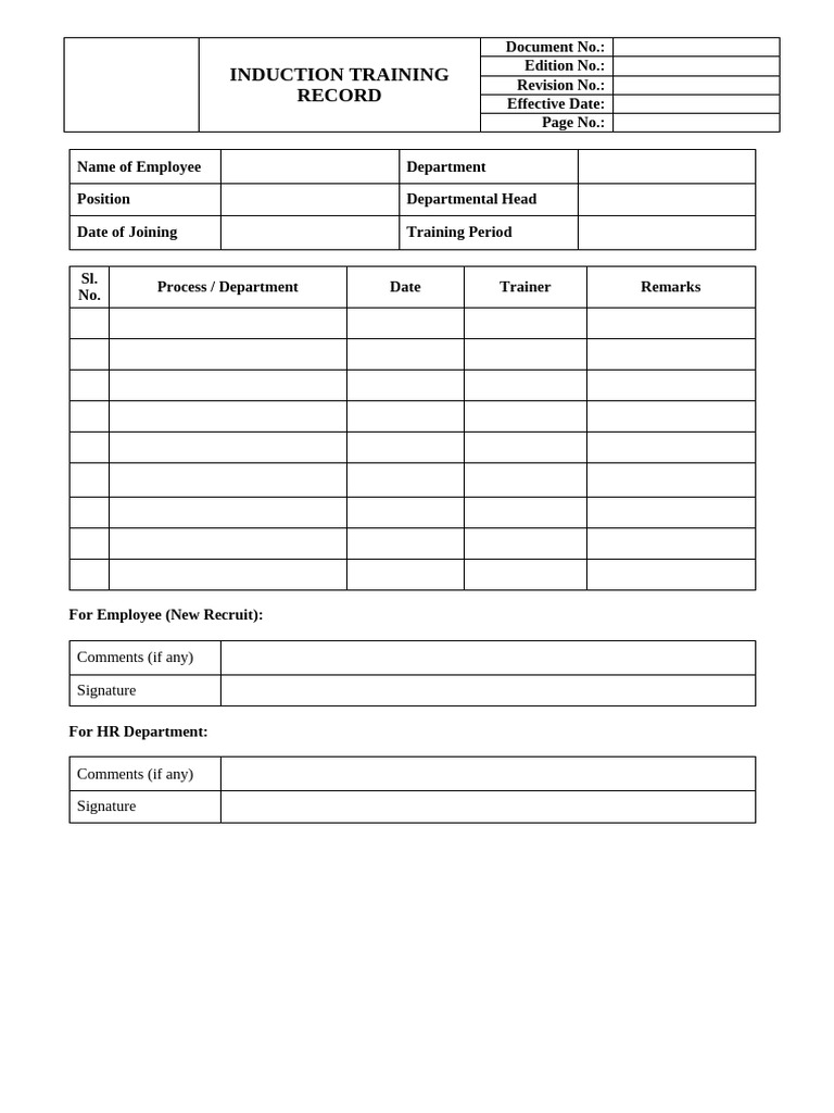 Induction Training Record Template | PDF