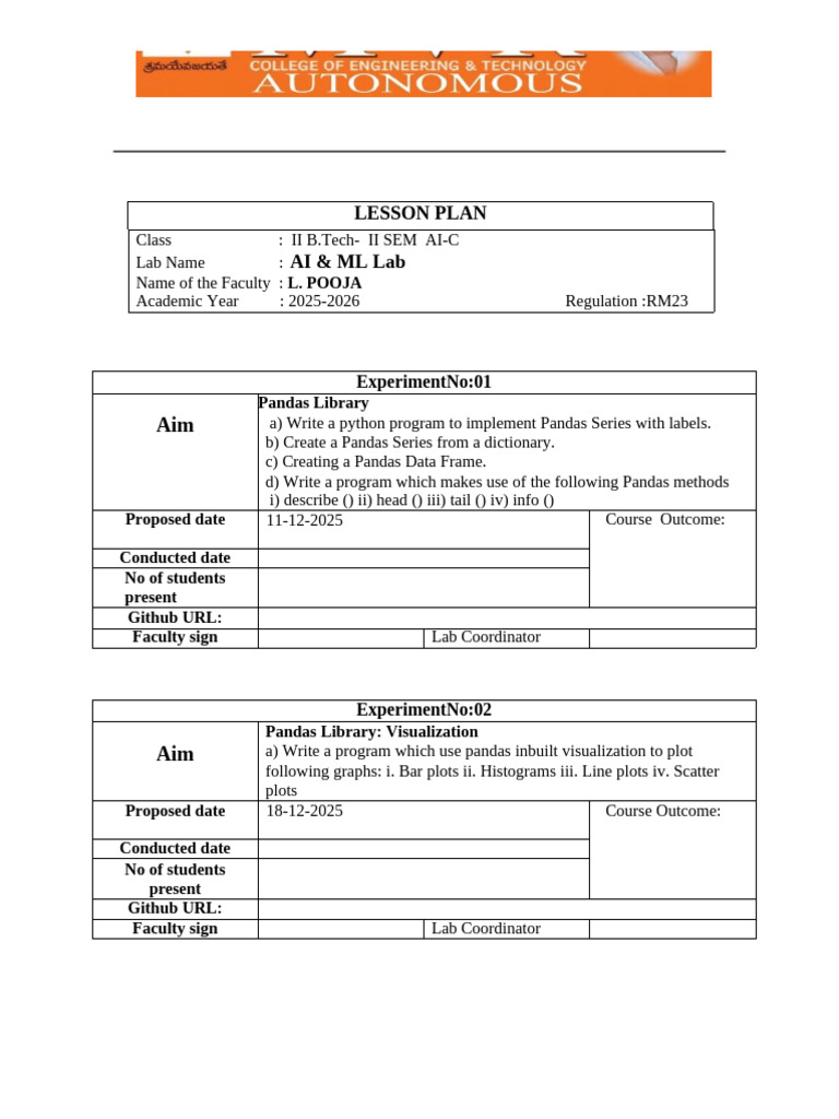 B.Tech AI & ML Lab Lesson Plan 2025 | PDF | Statistical Classification ...
