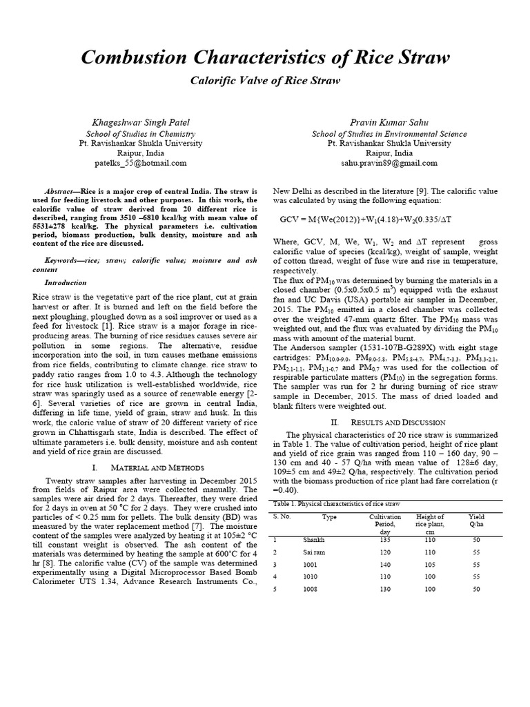 Combustion Analysis of Rice Straw | PDF | Rice | Particulates