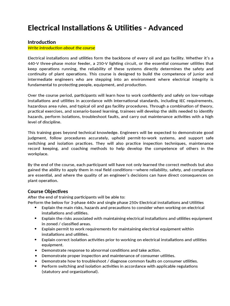 Advanced Electrical Installations Course | PDF | Reliability ...