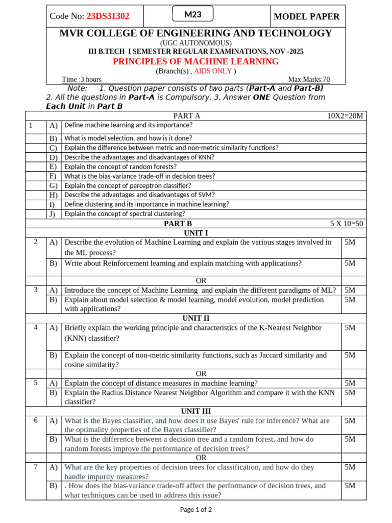 Machine Learning Exam Model Paper | PDF | Support Vector Machine ...