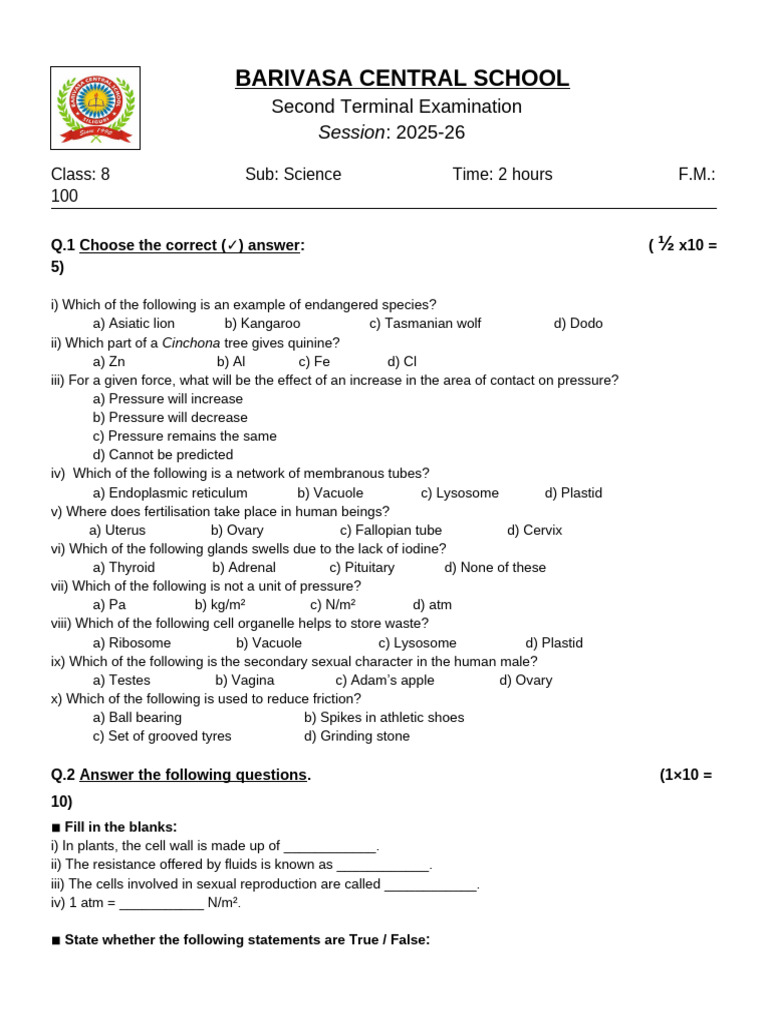Class 8 Science Exam Paper 2025-26 | PDF | Reproduction | Biology