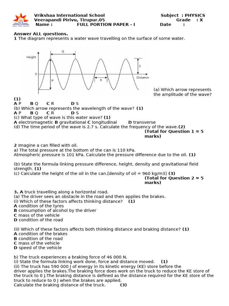 Grade X Physics Full Portion Paper | PDF | Voltage | Waves