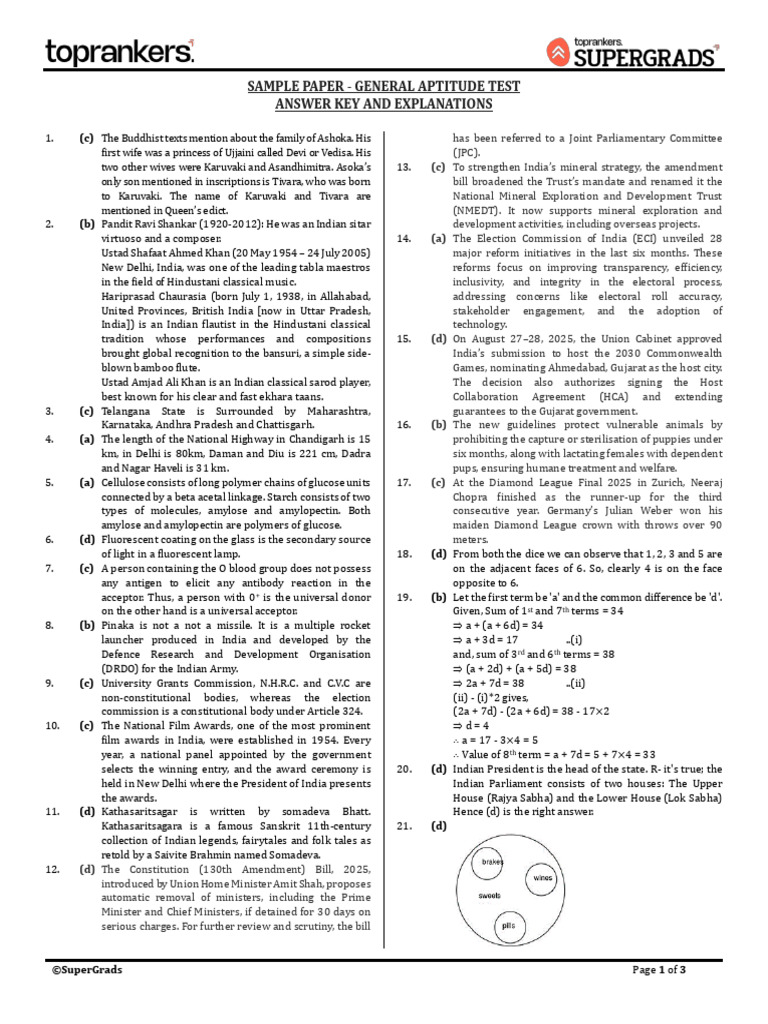 General Aptitude Test Answer Key | PDF | Ashoka