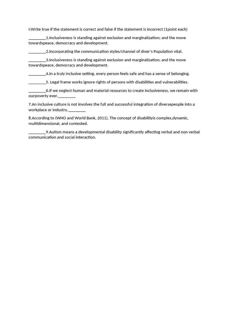 Inclusiveness and Disability Awareness Quiz | PDF