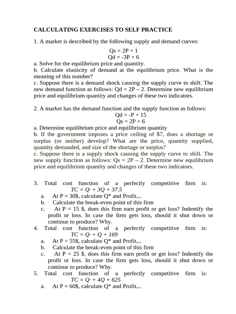 Market Equilibrium and Cost Analysis Exercises | PDF | Demand ...