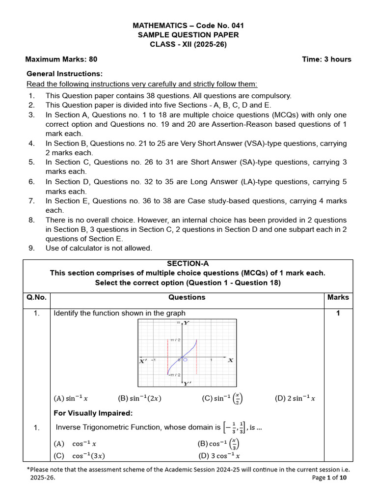 Class XII Mathematics Sample Paper 2025-26 | PDF | Multiple Choice ...