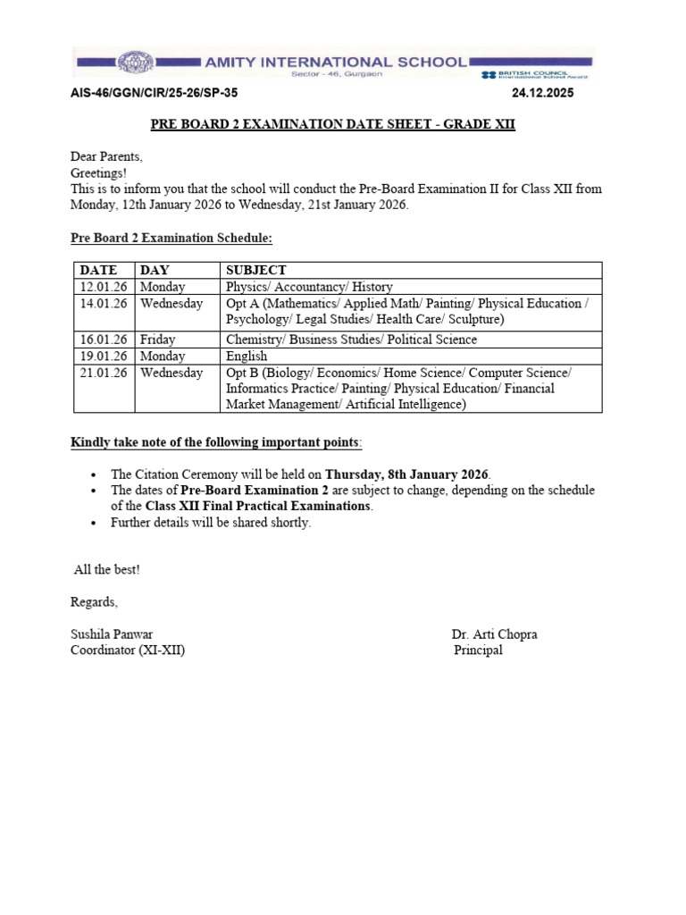 Pre-Board 2 Exam Schedule for Grade XII | PDF