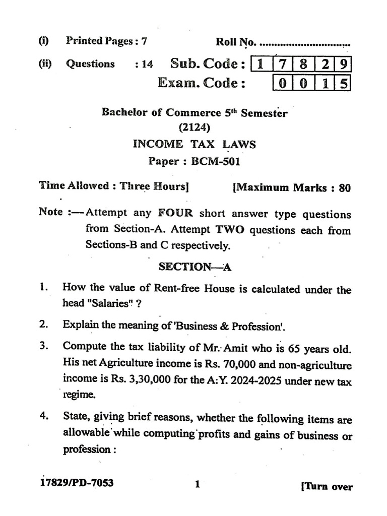 BCom 5th Sem BCM-501 Income Tax Law Paper November 2024 | PDF