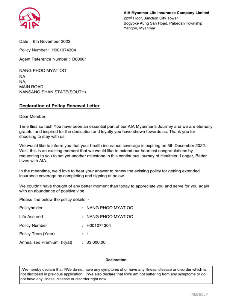 Declaration of Policy Renewal Letter: AIA Myanmar Life Insurance ...