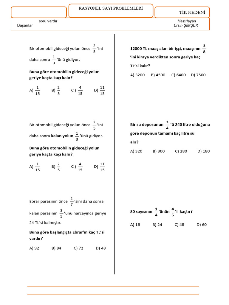 Rasyonel Sayı Problemleri Test 1 | PDF