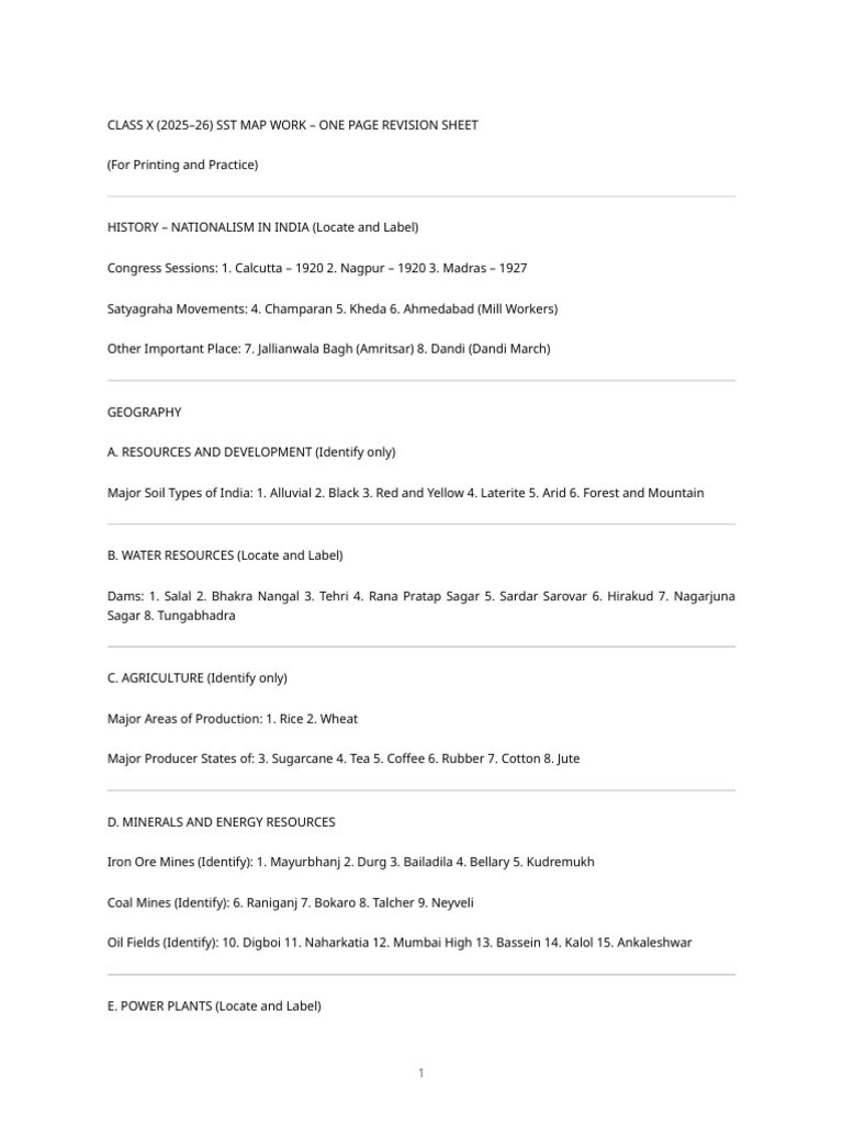 Class X SST Map Revision Sheet | PDF