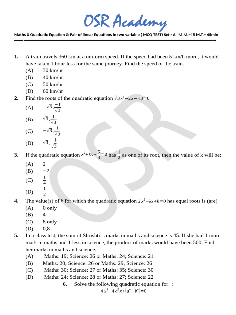 Maths X Quadratic Equation & Linear Equation MCQ Test Set A | PDF ...