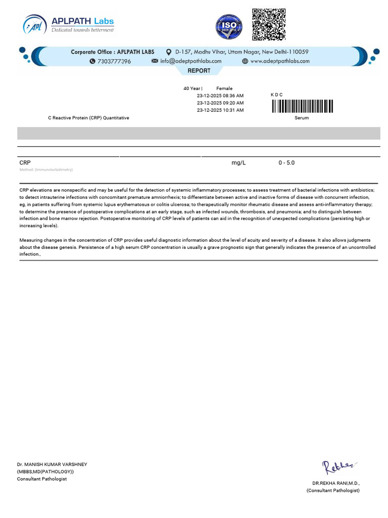 Sample Report C Reactive Protein CRP Quantitative | PDF | C Reactive ...