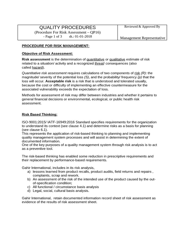 Procedure For Risk Management Qp-16 | PDF | Risk | Risk Assessment