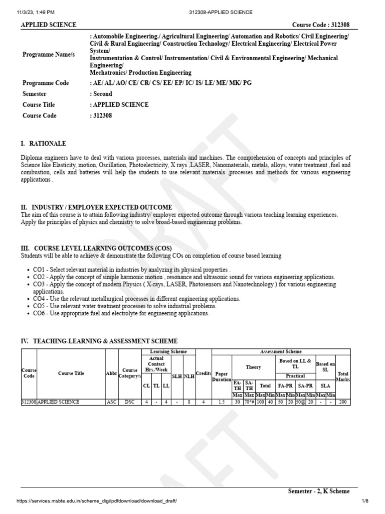 Applied Science Course Overview 312308 | PDF | Elasticity (Physics) | Waves