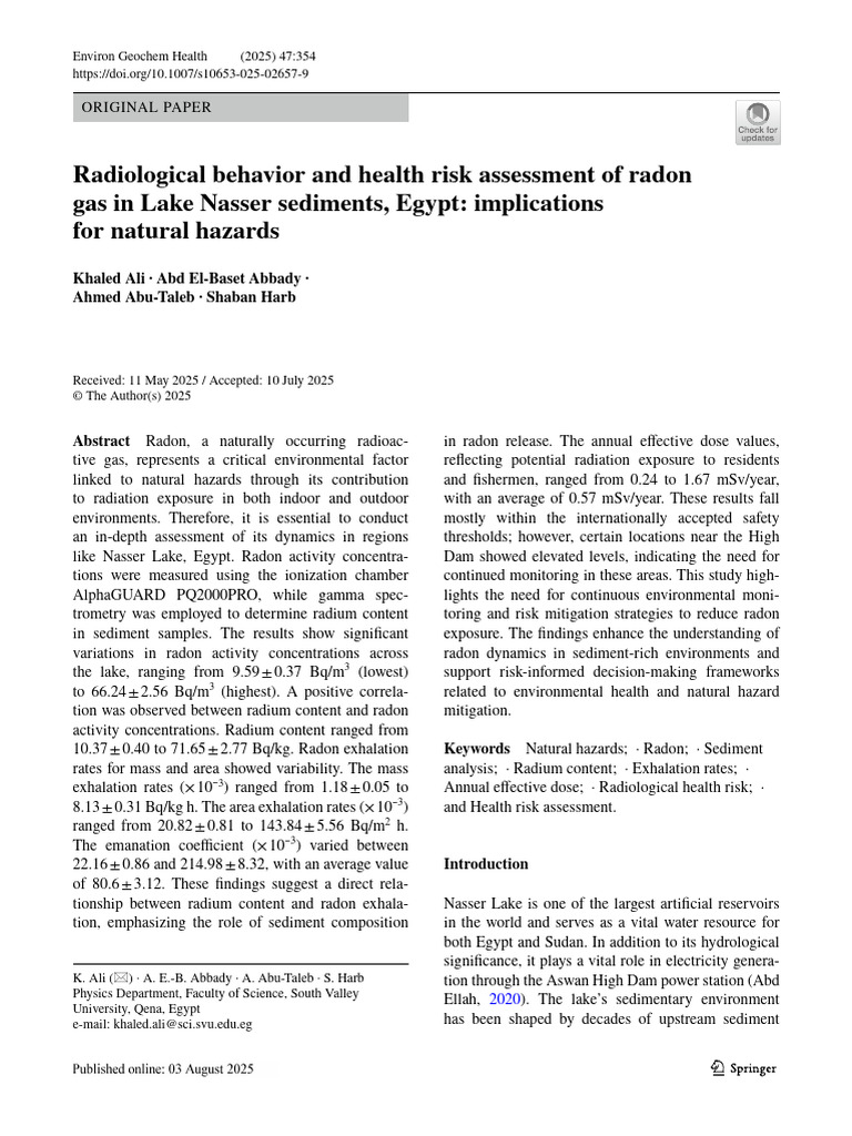 Radon Risk Assessment in Lake Nasser Sediments | PDF | Radiation ...