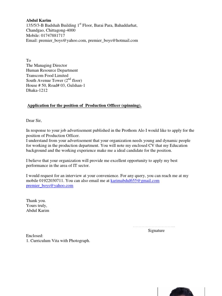 sample cover letter for cv bangladesh