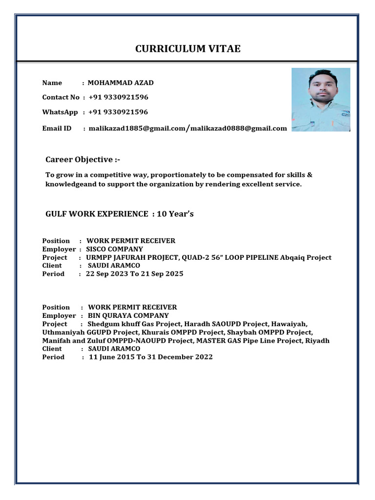 Mohammad Azad CV - Work Permit Receiver | PDF
