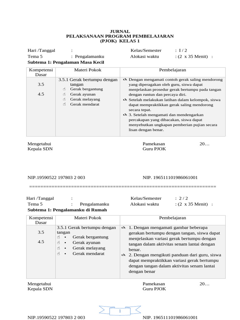 Jurnal Pembelajaran PJOK Kelas 1-6 | PDF