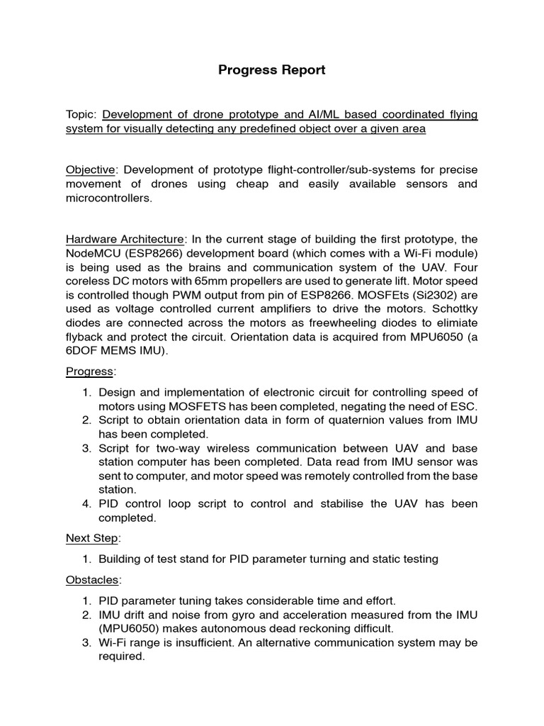 Drone Prototype Development Progress Report | PDF
