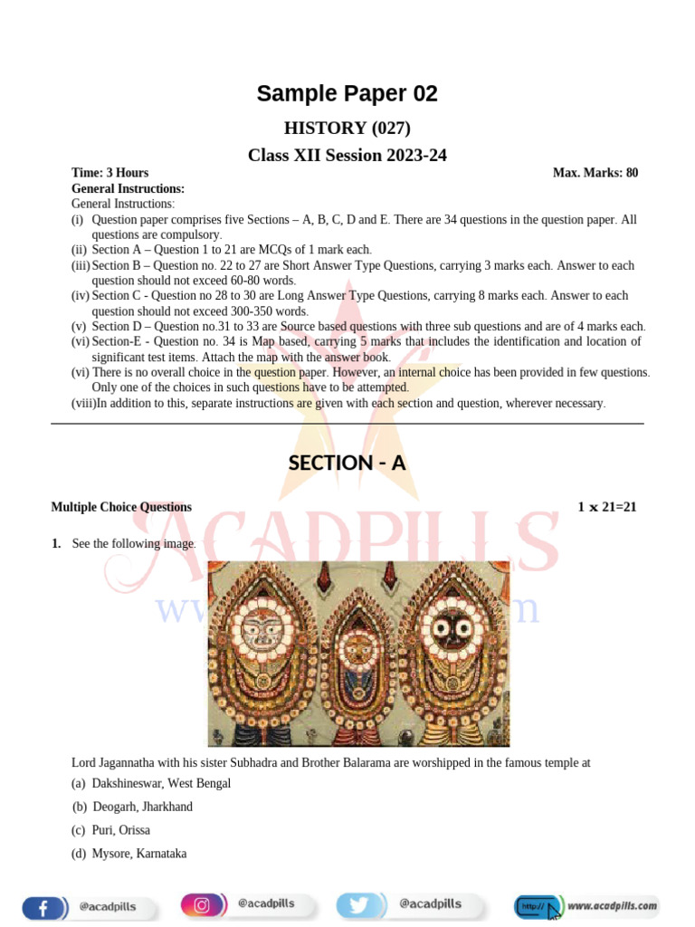 Class XII History Sample Paper 2023-24 | PDF