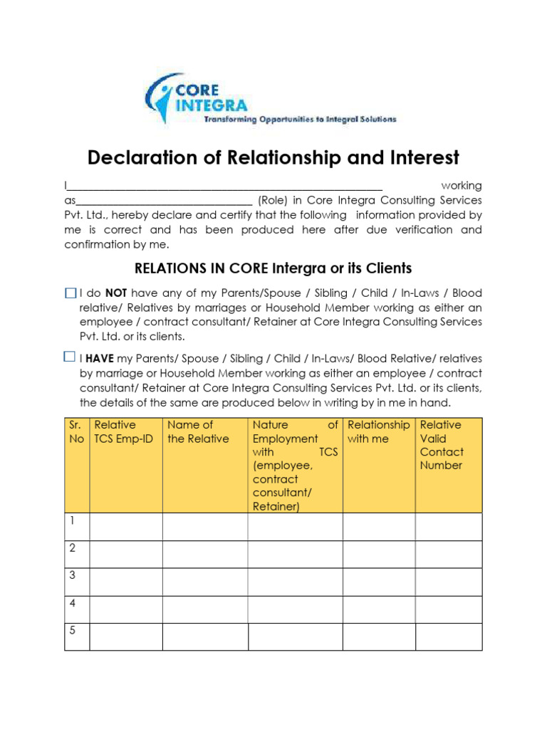 Declaration of Relationship and Interest Form | PDF
