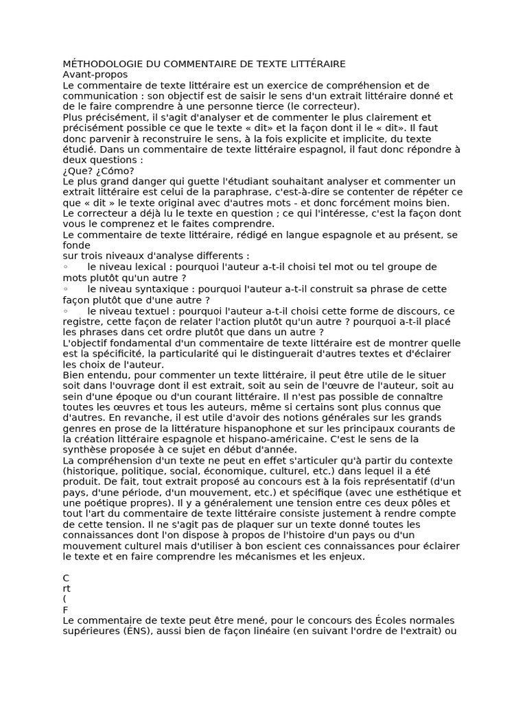 Commentaire de texte littéraire : méthodologie | PDF | Rhétorique | Lexique
