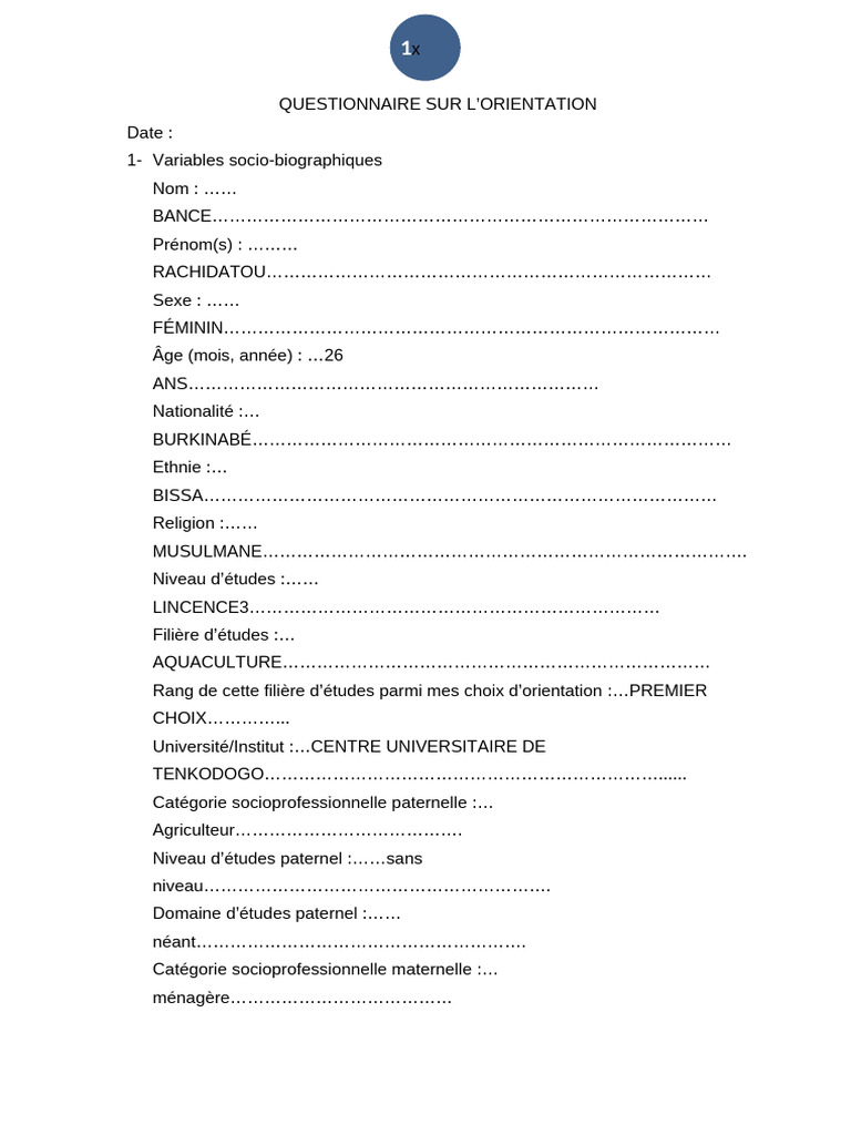 Questionnaire d'Orientation Étudiante | PDF