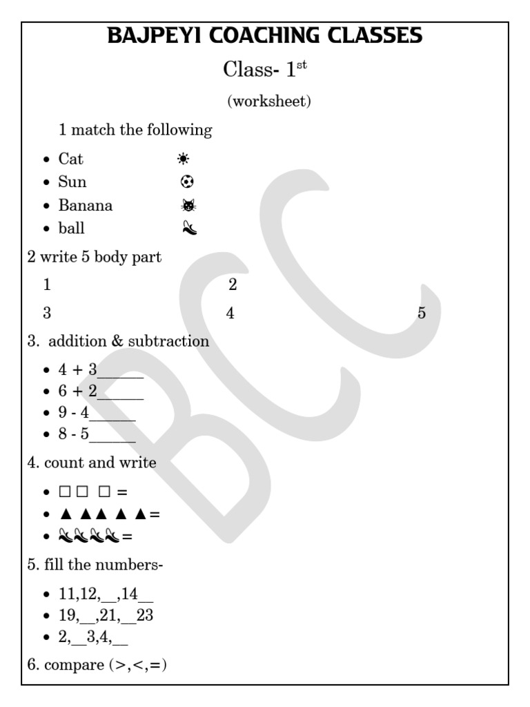 Class-1st Worksheet H | PDF